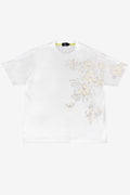White t-shirt with floral embroidery on a white background