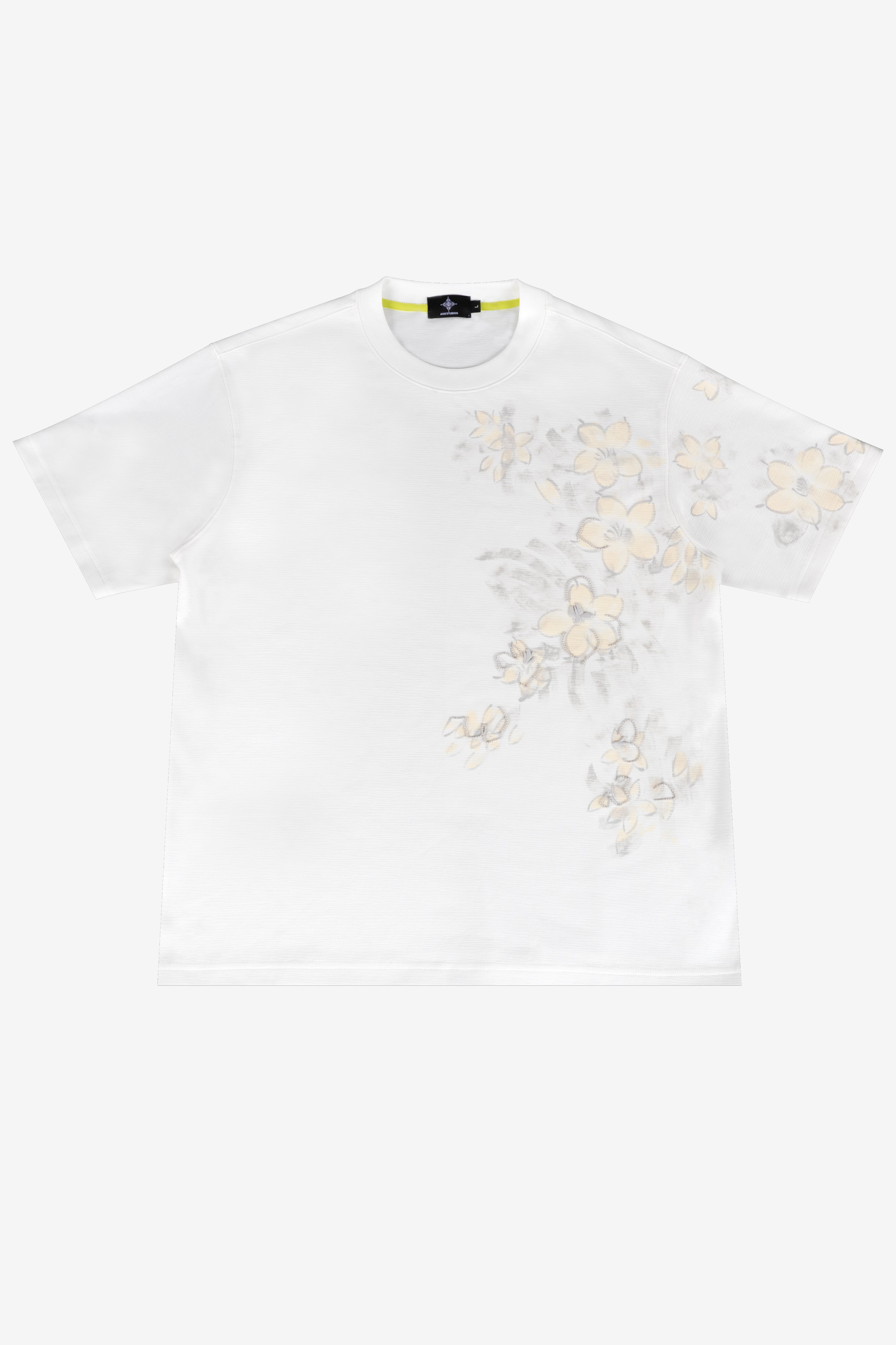 White t-shirt with floral embroidery on a white background