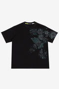 Black t-shirt with floral design on a white background