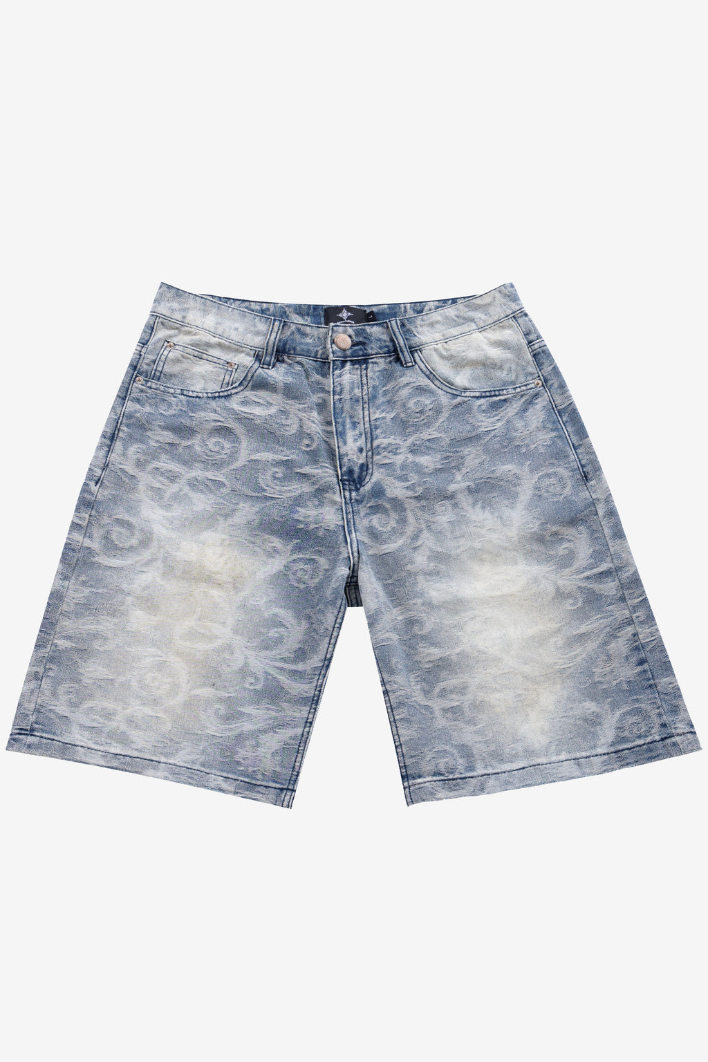 AXIS STUDIOS Porcelain Wash jacquard baggy light blue denim skate shorts front view on white background.