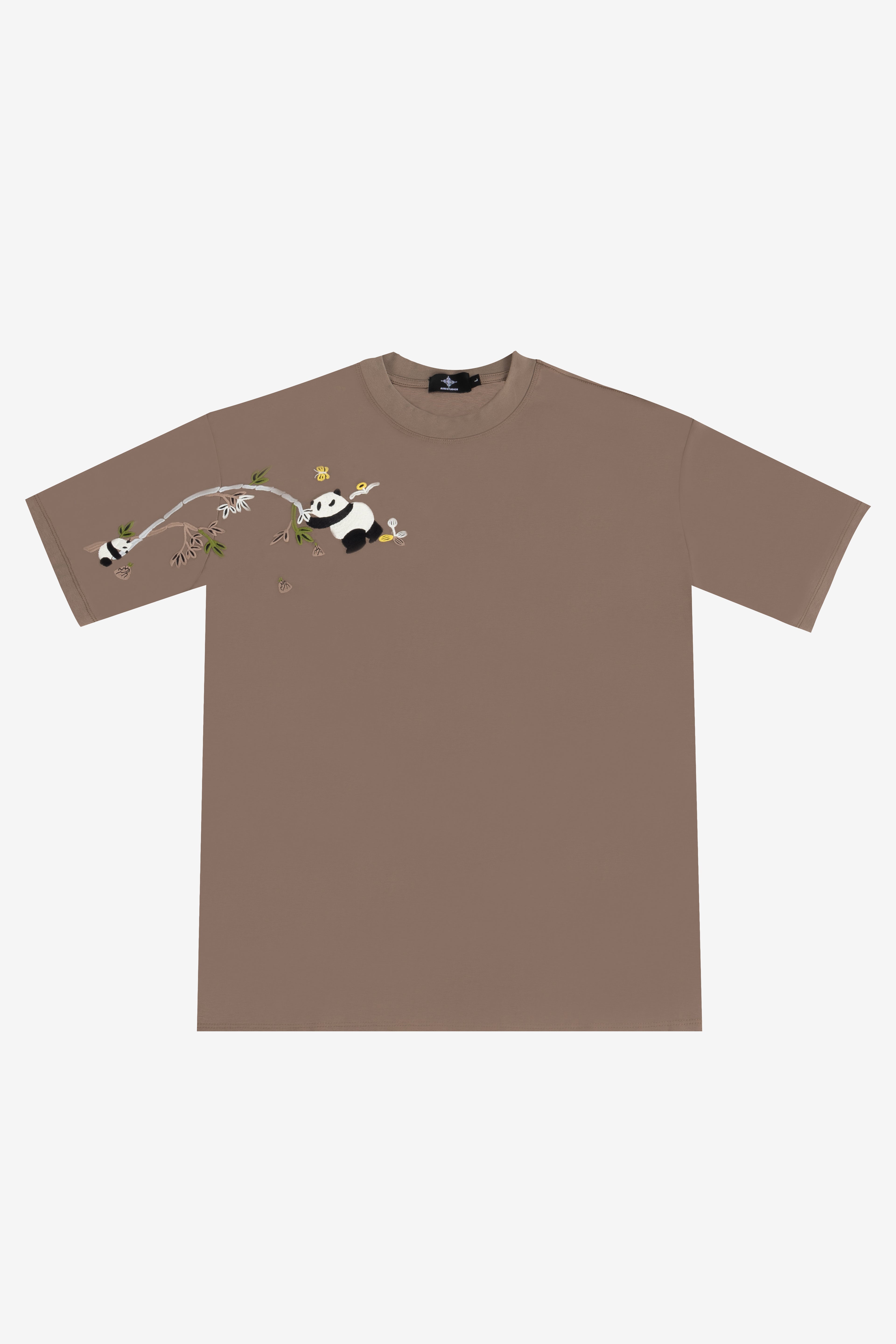 Brown t-shirt with a panda design on a white background