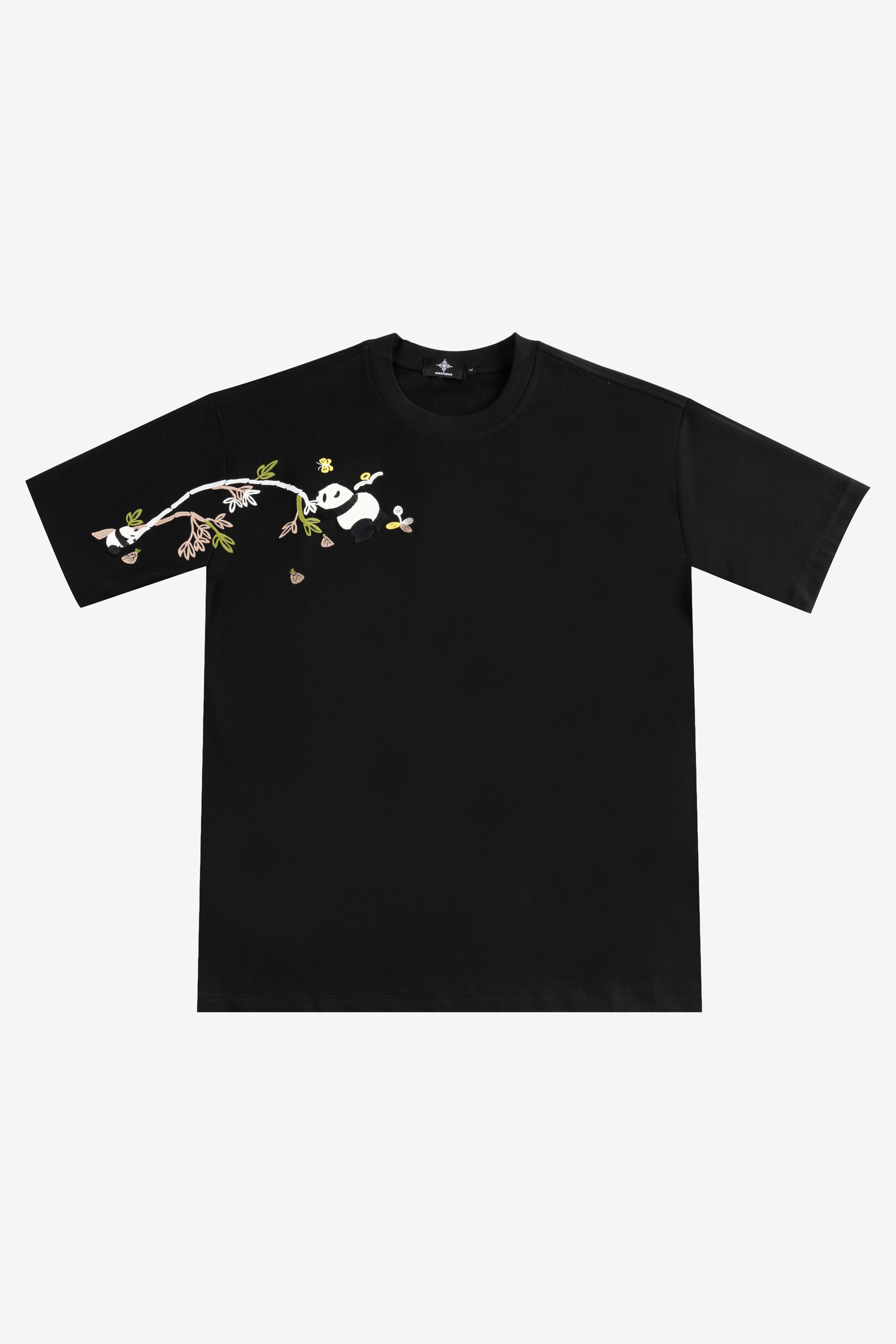 Black t-shirt with a panda design on a white background