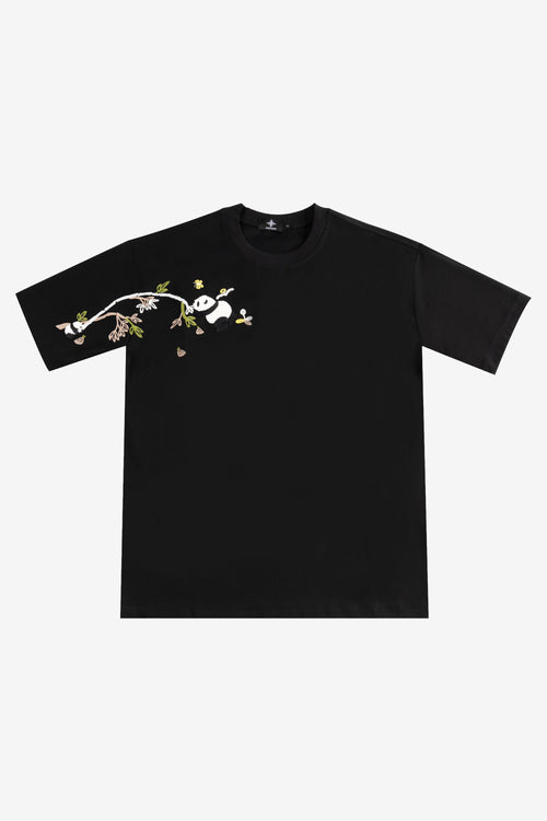 Black t-shirt with a panda design on a white background