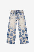 AXIS STUDIOS Distressed Porcelain Rose jacquard wide leg shredded blue and white denim jeans front view.