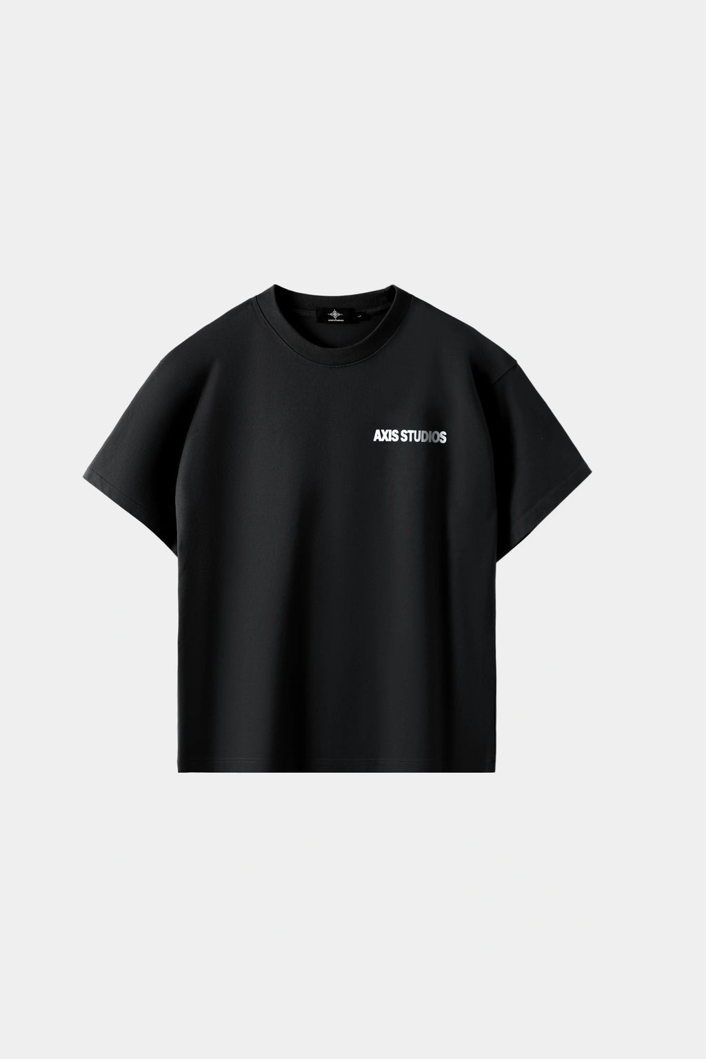 Black loose-fitting T-shirt with a small logo print on the chest, displayed on a white background