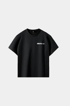 Black loose-fitting T-shirt with a small logo print on the chest, displayed on a white background