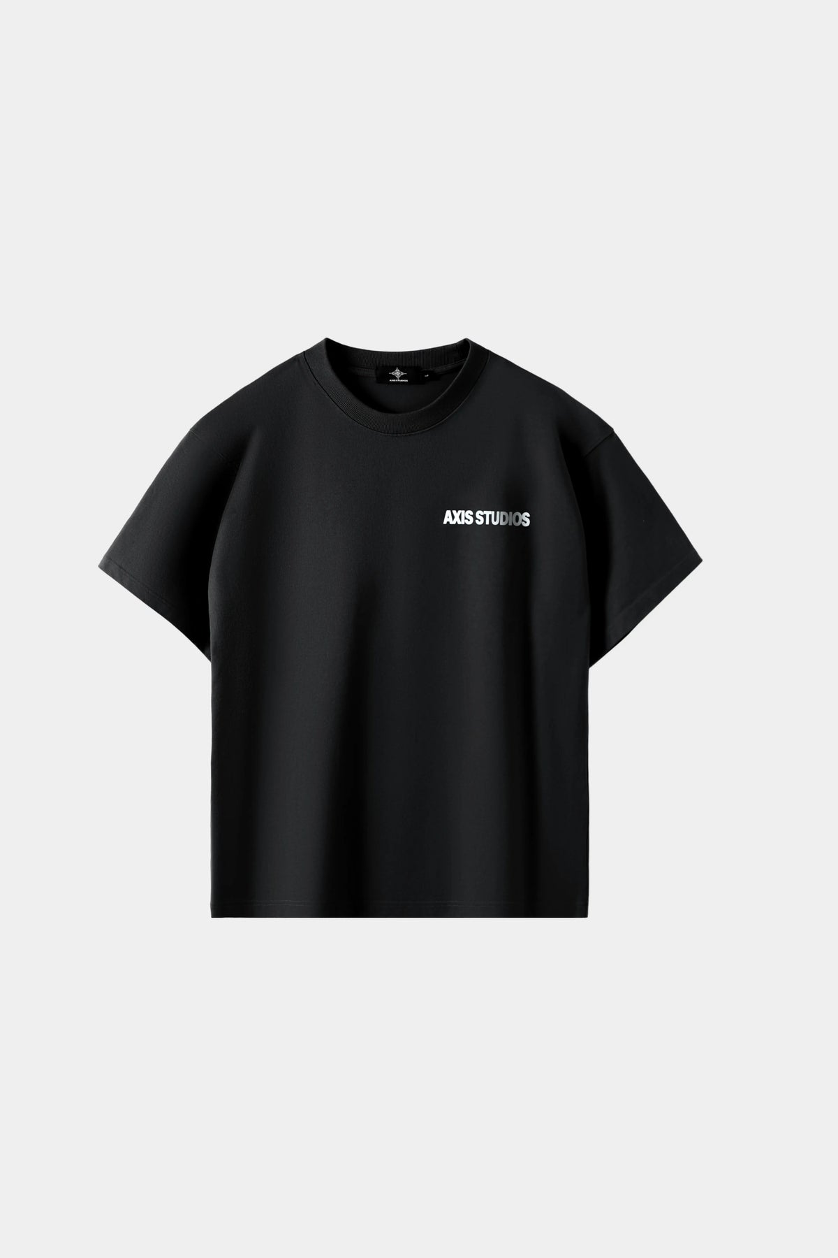 Black loose-fitting T-shirt with a small logo print on the chest, displayed on a white background