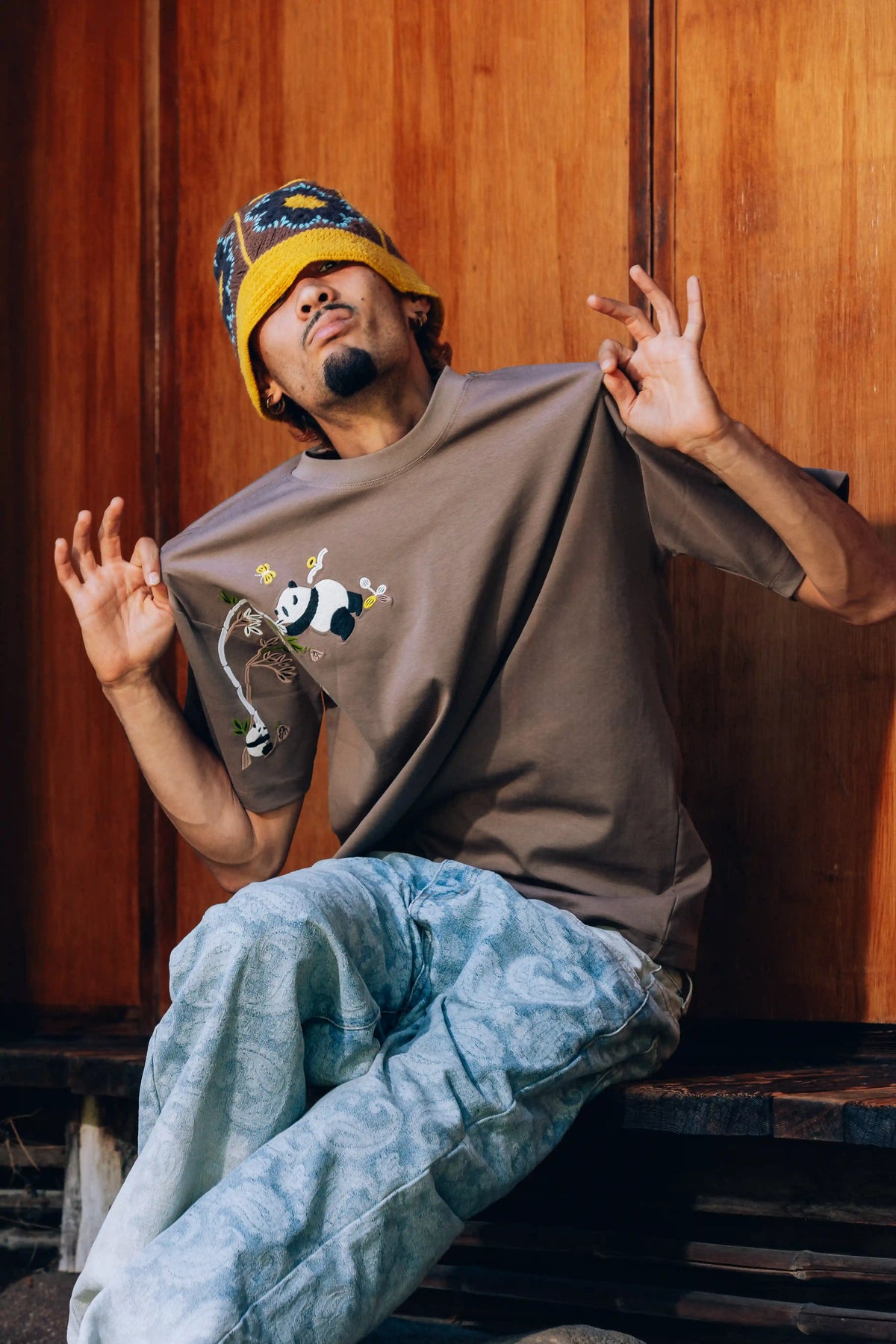 Axis Studios Panda Paisley Jeans Fit - Model wearing Bamboo Panda embroidered tee with Porcelain Paisley Jacquard Jeans