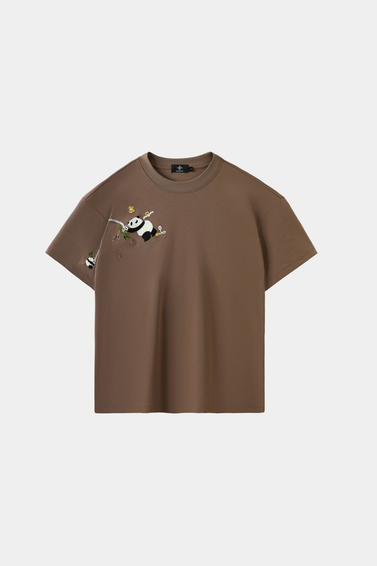 AXIS Studios Bamboo Panda Tee in clay brown with panda embroidery, white background.