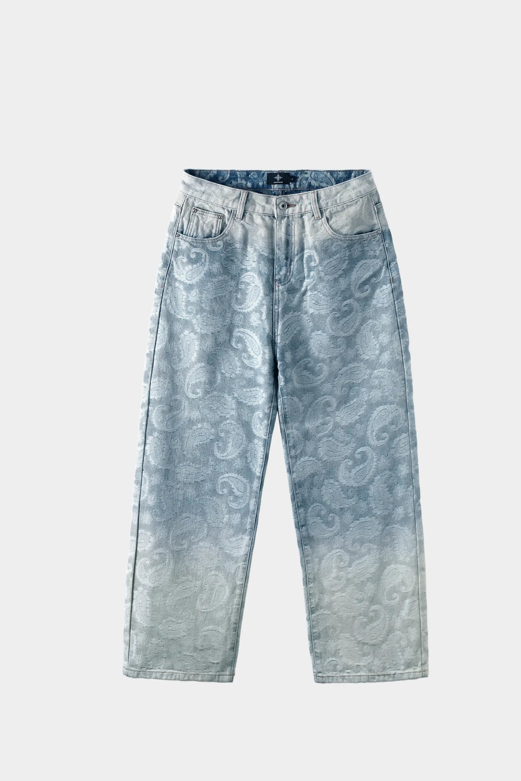 AXIS Studios paisley jacquard denim jeans, light blue, wide-leg, white background.
AXIS Studios 