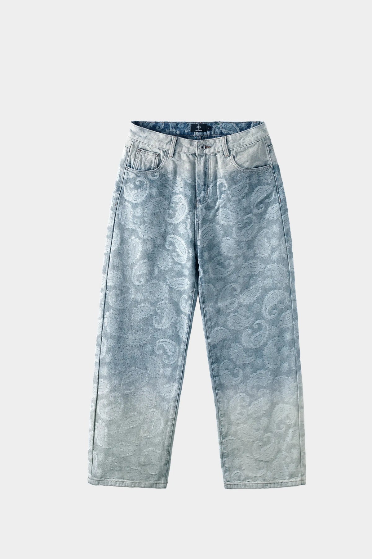 AXIS Studios paisley jacquard denim jeans, light blue, wide-leg, white background.
AXIS Studios 