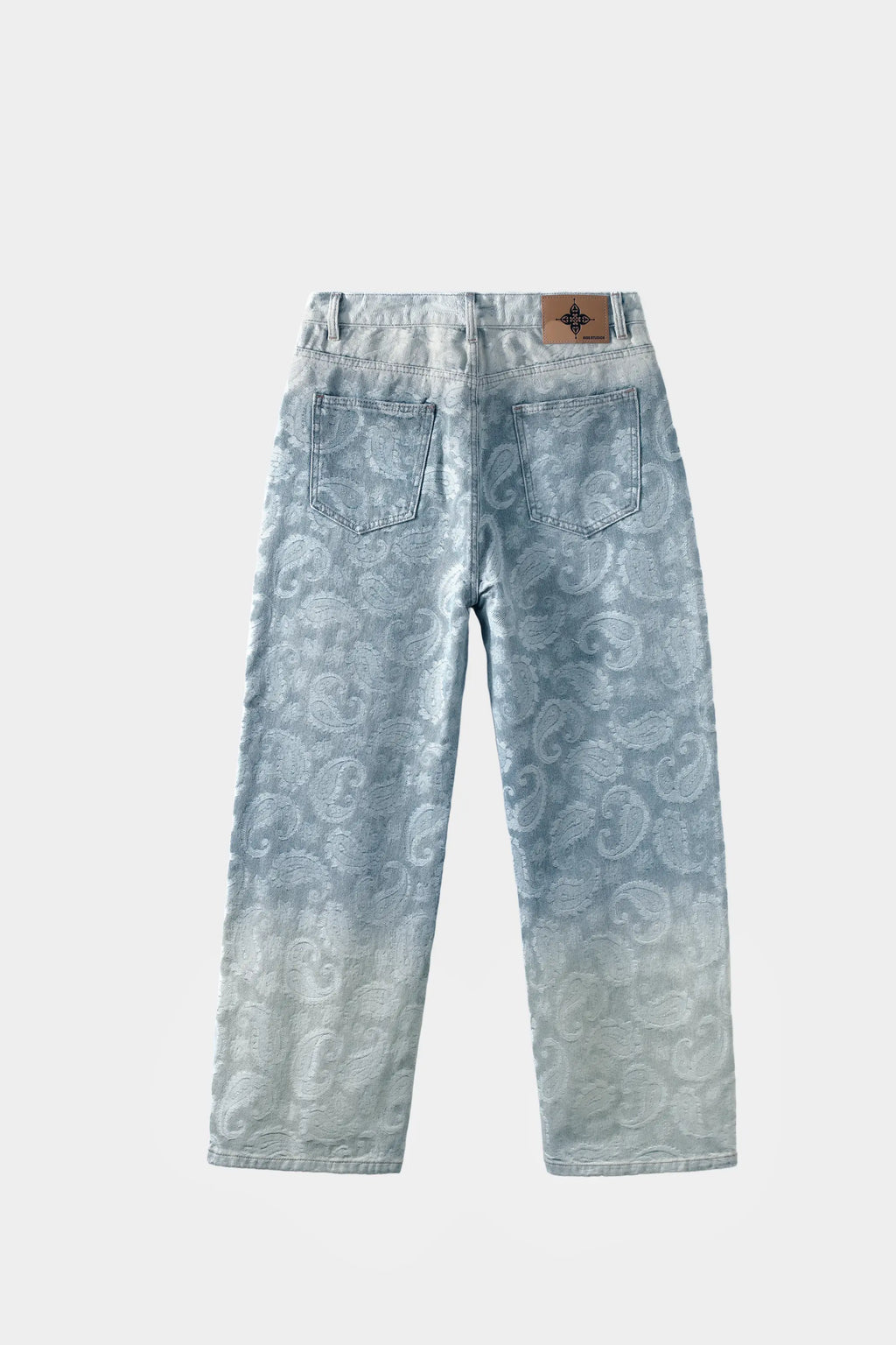 AXIS Studios paisley jacquard denim jeans, light blue, wide-leg, white background.
AXIS Studios