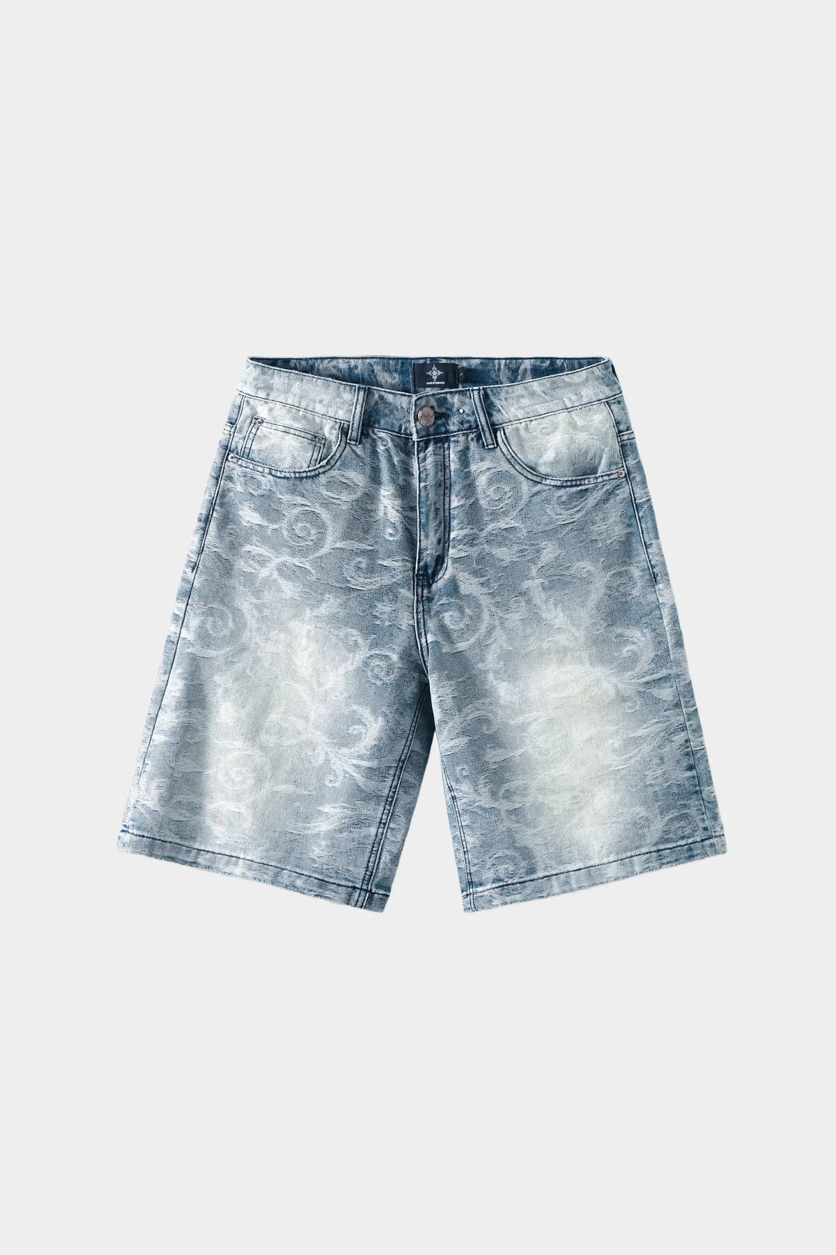 Light blue denim jeans with blue-white porcelain rose jacquard pattern and heavy distressing, wide-leg fit, front view on white background.