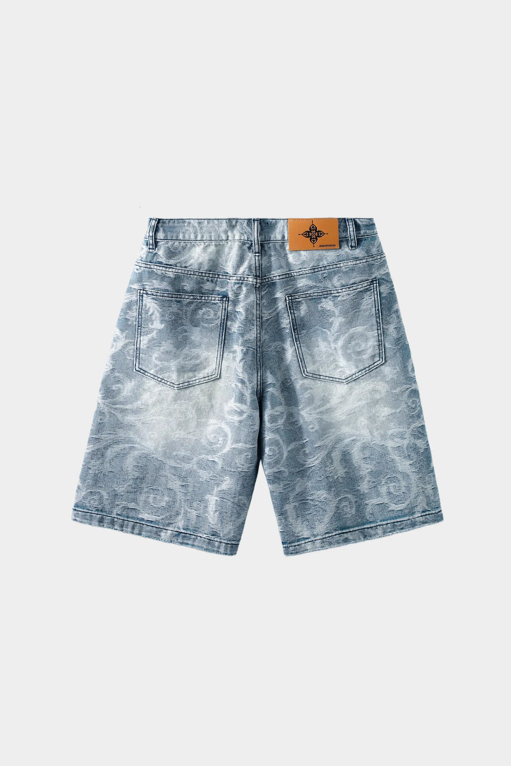 Light blue jeans with a blue and white porcelain rose jacquard pattern and a heavily distressed finish; wide-leg style; reverse side with white background.