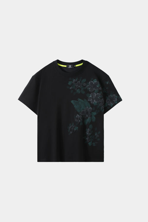 AXIS Studios Sampaguita hand-painted tee in obsidian black with dark jasmine flowers, white background.