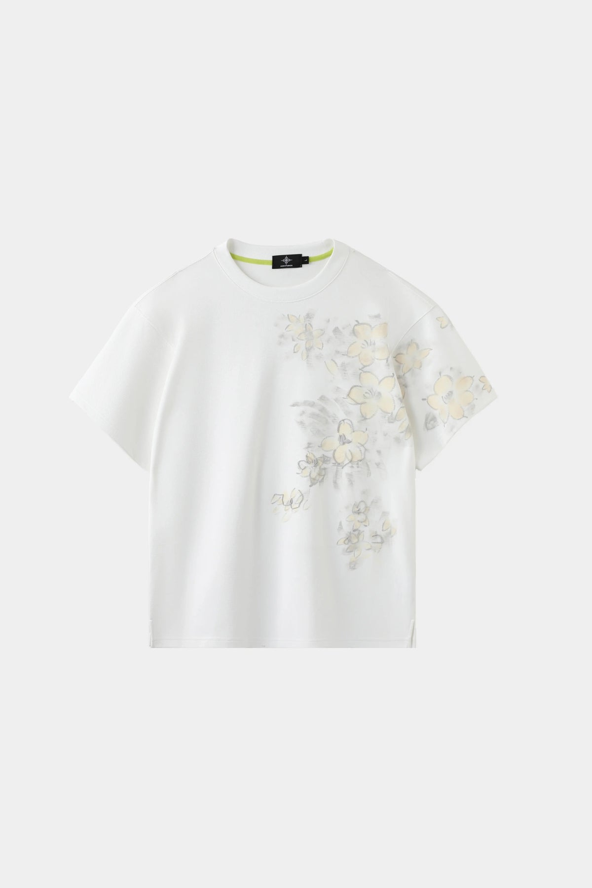 AXIS Studios Sampaguita hand-painted tee in pearl white with watercolor jasmine flowers, white background.