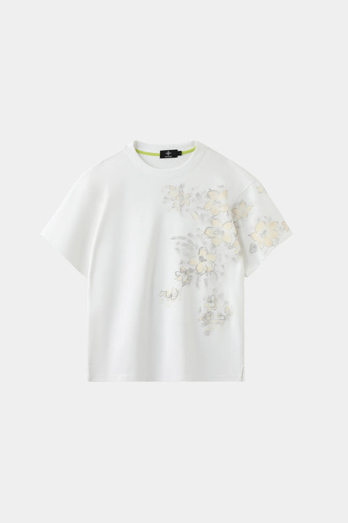 AXIS Studios Sampaguita hand-painted tee in pearl white with watercolor jasmine flowers, white background.