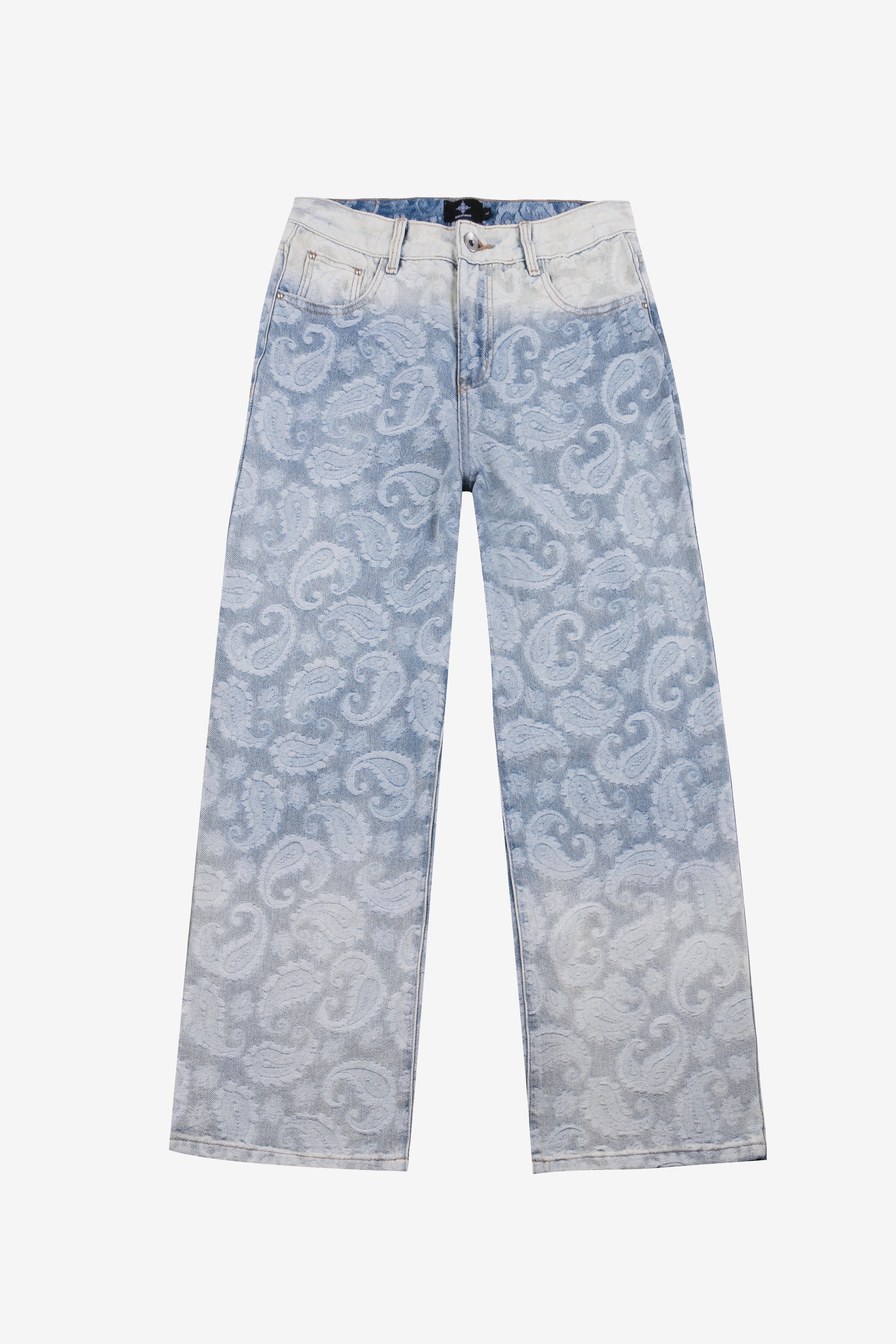 AXIS STUDIOS Porcelain Paisley wide leg gradient streetwear jeans front view on white background.