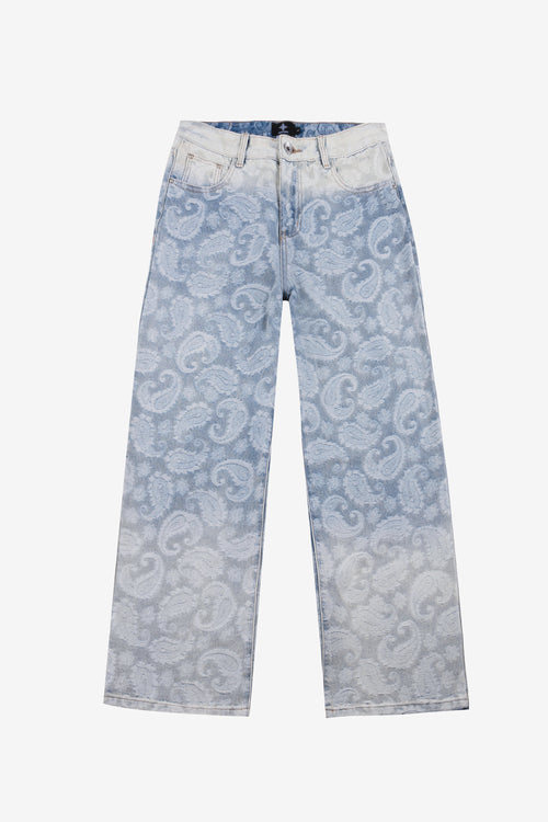AXIS STUDIOS Porcelain Paisley wide leg gradient streetwear jeans front view on white background.