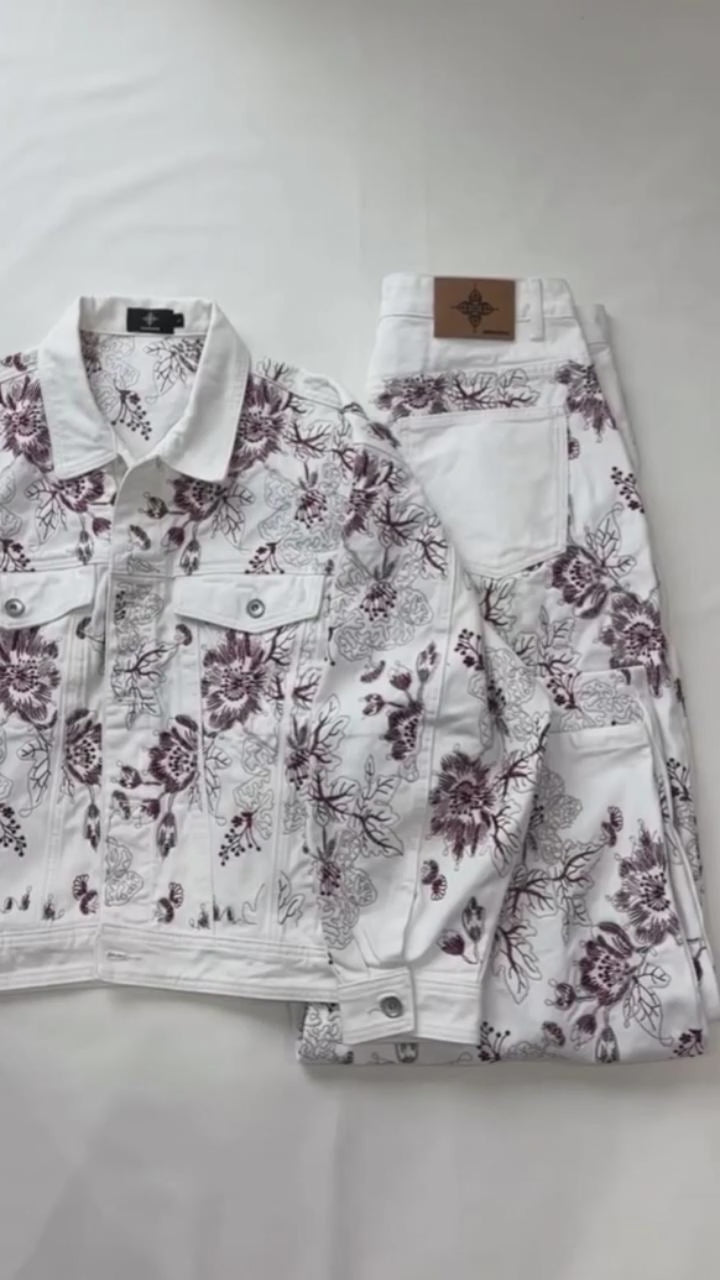 CHRYSANTHEMUM EMBROIDERED WHITE DENIM JEANS — SET PIECE